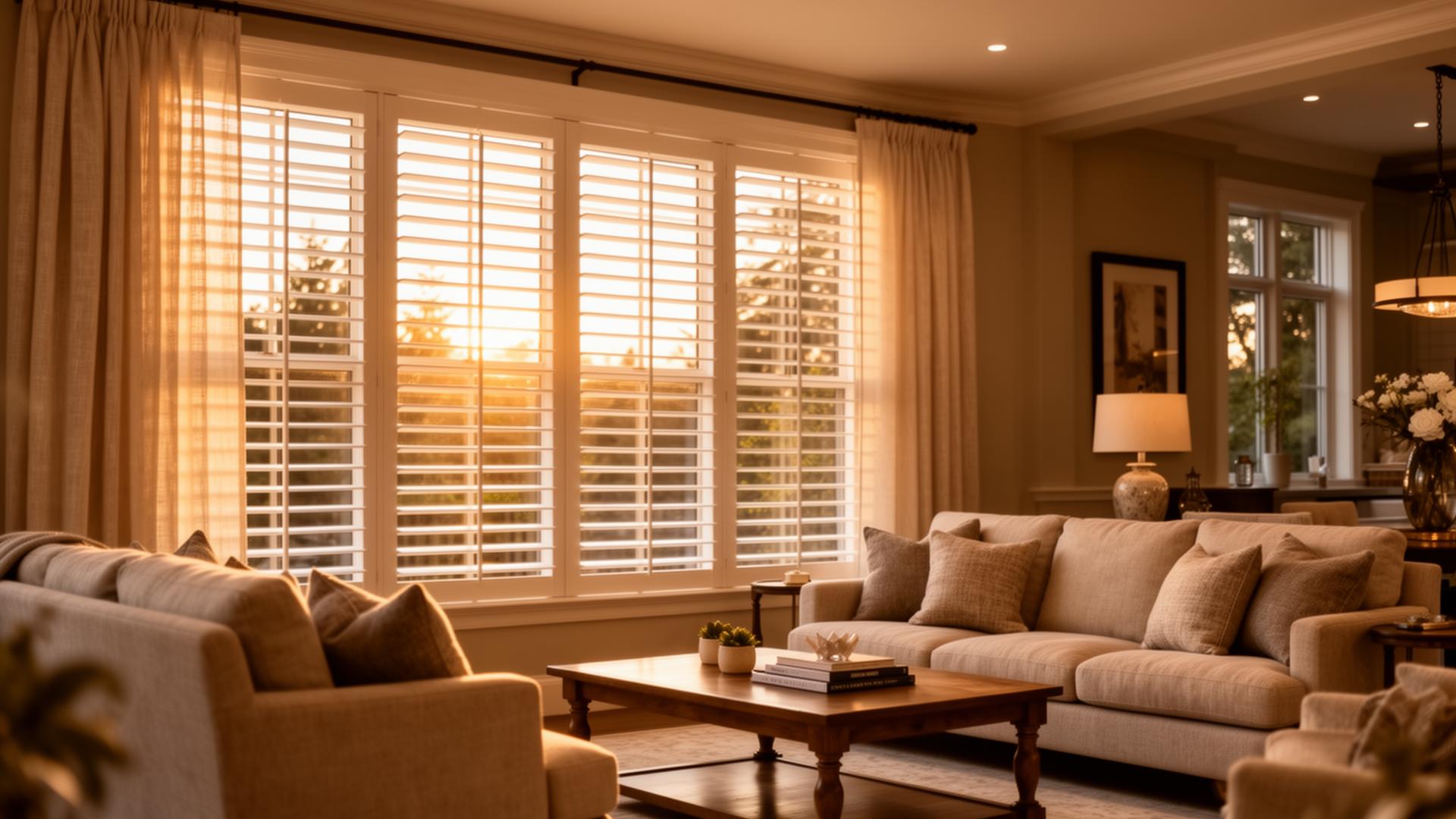 Elegant Bellingham living room with custom plantation shutters and drapery